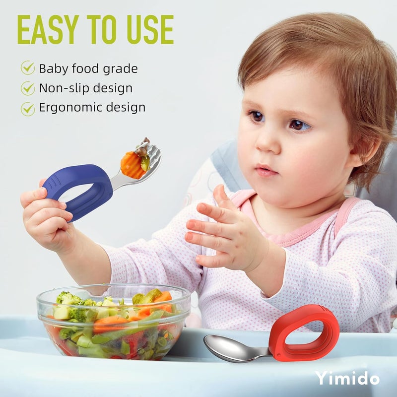 yimido Toddler Utensils Baby Utensils Toddler Forks and Spoons Baby Forks and Spoons Set Kids Stainless Steel Silverware Set Children Safe Forks and Spoons self feedig-Dishwasher Safe(Red+Blue) - Image 5